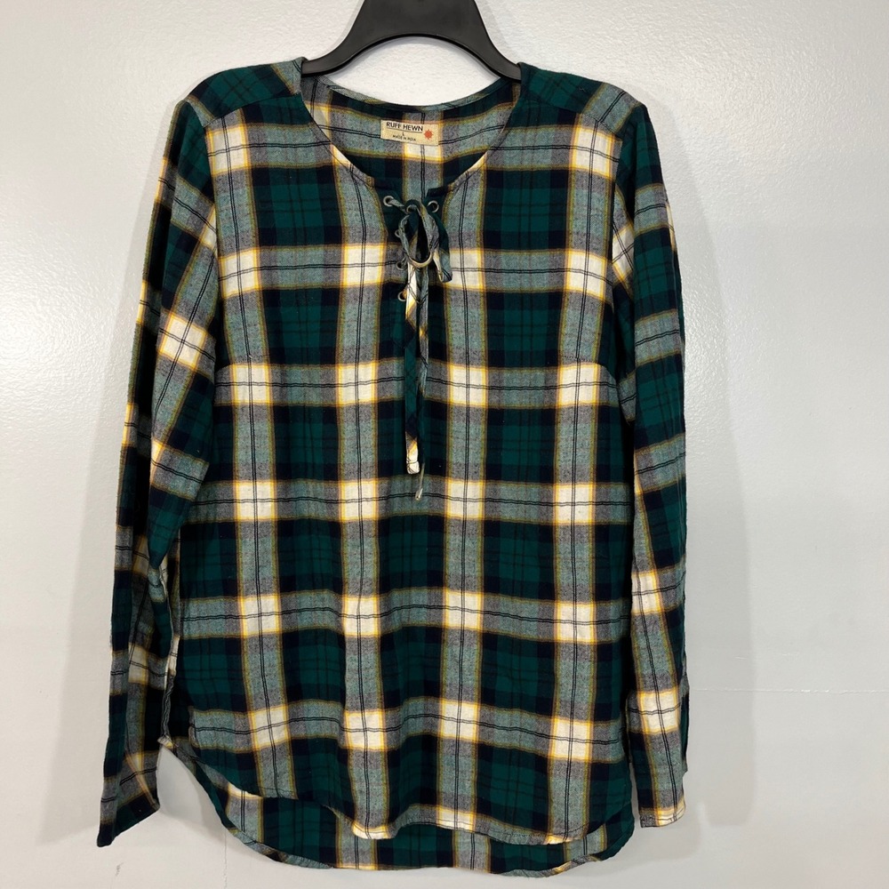 Ruff Hewn Womens Green Plaid Lace Up Long Sleeve Blouse Top Large L